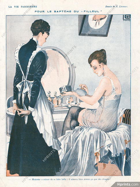 Georges Léonnec 1916 Sexy Girl, Babydoll, Stockings, Making-up