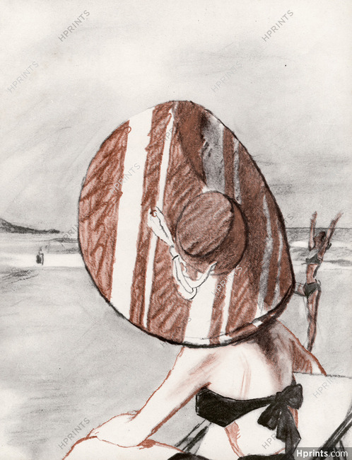 Pierre Mourgue 1948 Beach, Hat, Fashion Illustration
