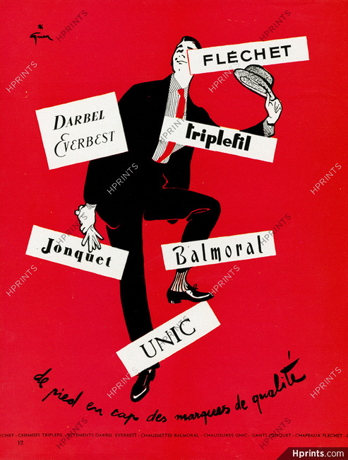 Fléchet, Unic, Jonquet, Everbest Darbel 1955 René Gruau, Men's Clothing