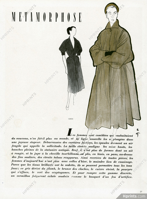 Grès (Germaine Krebs) 1951 Coat, René Gruau, Fashion Illustration