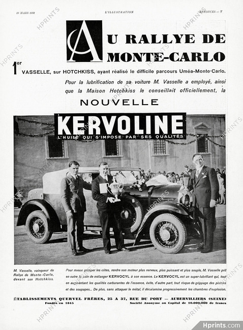 Kervoline 1932 M. Vasselle, Hotchkiss, Rallye de Monte-Carlo, Quervel Frères