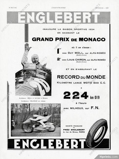 Englebert 1934 Guy Moll, Alfa-Romeo, Chiron Motorcycle Racer