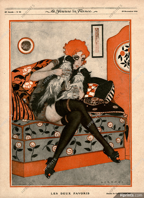 Lorenzi 1918 "Les Deux Favoris" Sexy Girl, Pekingese Dogs