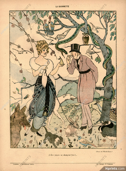 Félix de Goyon 1918 L'Eve Future Ne Changera Pas, Adam And Eve, Dogs, Snake