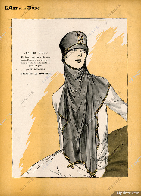 Le Monnier (Millinery) 1925 Feutre, jugulaire et voile de tulle