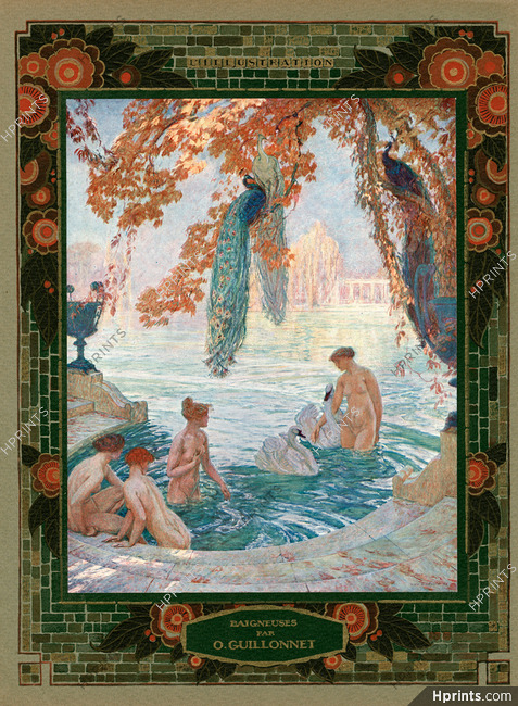 O. Guillonnet 1926 "Baigneuses", Nudes, Swan, Peacock, Bathing Beauties
