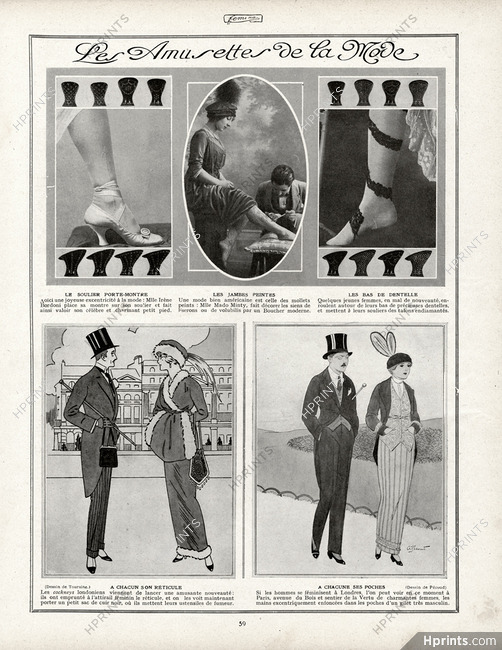 Amusettes de la mode 1913 Soulier porte-montre, Mado Minty, Bas de dentelle, Cockneys londoniens, Gilet féminin, André Pécoud & Touraine