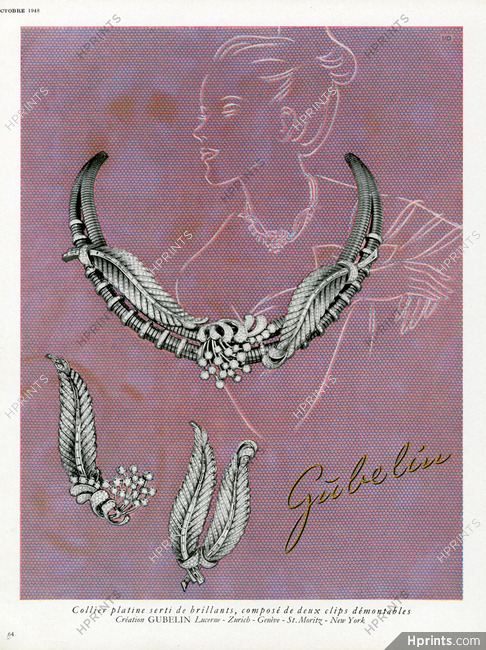 Gübelin (Jewels) 1948 Collier platine serti de brillants, composé de deux clips démontables