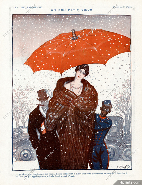 Georges Pavis 1922 Elégante Parisienne, Bellhop, Umbrella, Fur Coat, Pearls