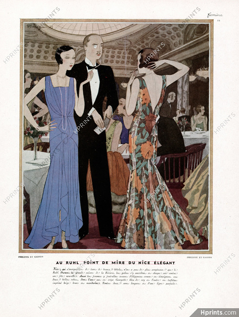 Philippe et Gaston 1929 Ruhl, Nice, Evening Gown, Fashion Illustration Pierre Mourgue