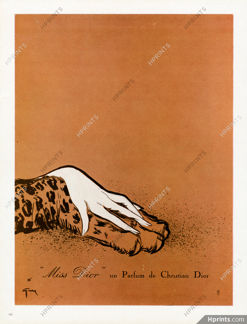 Christian Dior (Perfumes) 1949 Miss Dior, René Gruau (Leopard, white frame)