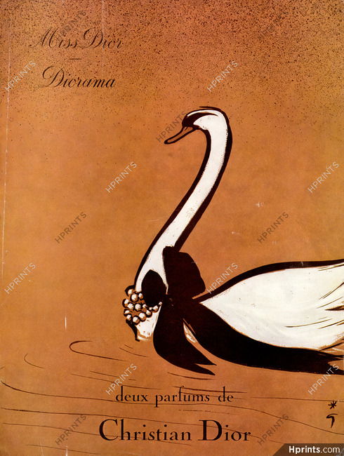 Christian Dior (Perfumes) 1953 Miss Dior & Diorama, René Gruau (Swan)