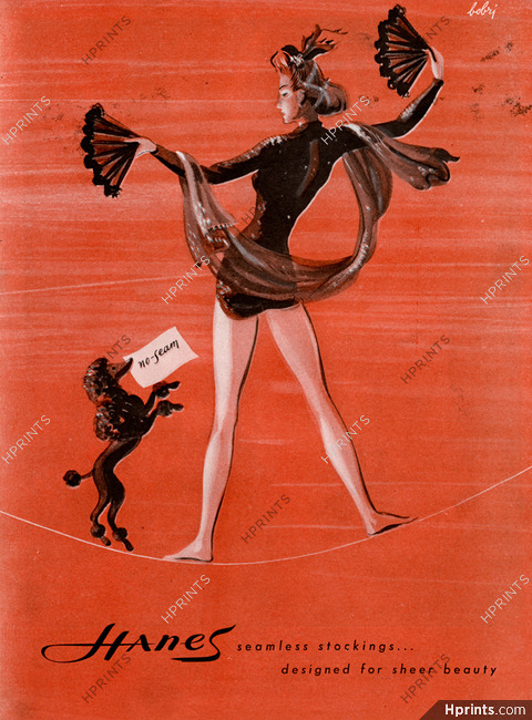 Hanes (Hosiery, Stockings) 1945 Seamless, Tightrope Walker, Circus, Poodle... Bobri