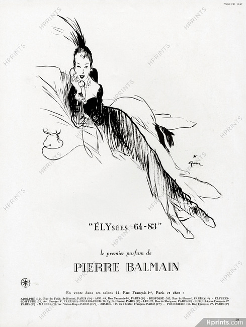 Pierre Balmain (Perfumes) 1947 Elysées 64-83, René Gruau