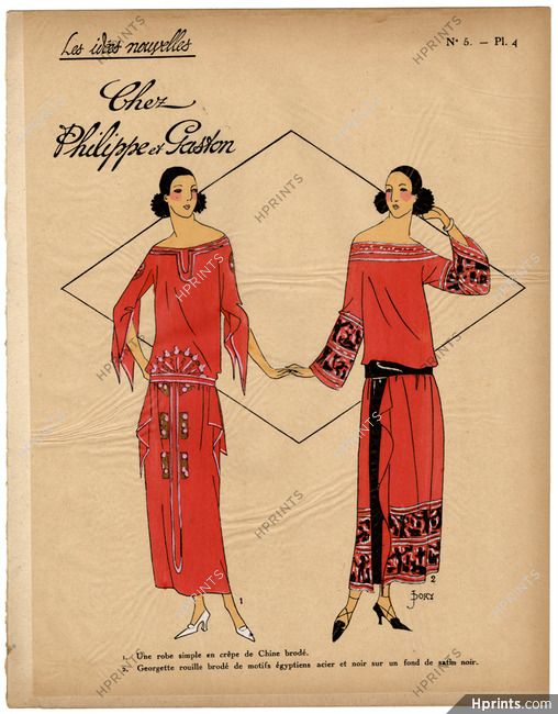 Les Idées Nouvelles de la Mode, circa 1922 Philippe et Gaston, Motifs Egyptiens, J. Dory, Fashion Art Deco Pochoir on Chinese Paper