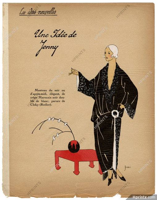 Les Idées Nouvelles de la Mode, circa 1922 Jenny, Rodier, Evening Coat, J. Dory, Fashion Art Deco Pochoir on Chinese Paper