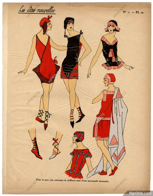 Les Idées Nouvelles de la Mode, circa 1922 Costumes de mer, Swimwear, Fashion Art Deco Pochoir on Chinese Paper