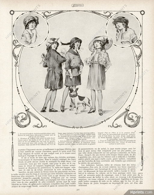 French Bulldog 1913 Fashion Dresses & Hats for Little Girls