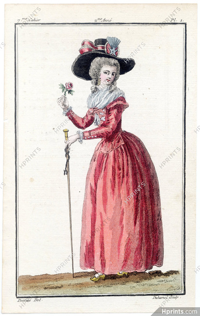 Magasin des Modes Nouvelles Françoises et Angloises 1787 cahier n°7, plate n°1, Desrais, Fitted Coat