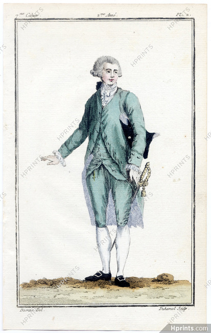Magasin des Modes Nouvelles Françoises et Angloises 1787 cahier n°7, plate n°2, Desrais, Man
