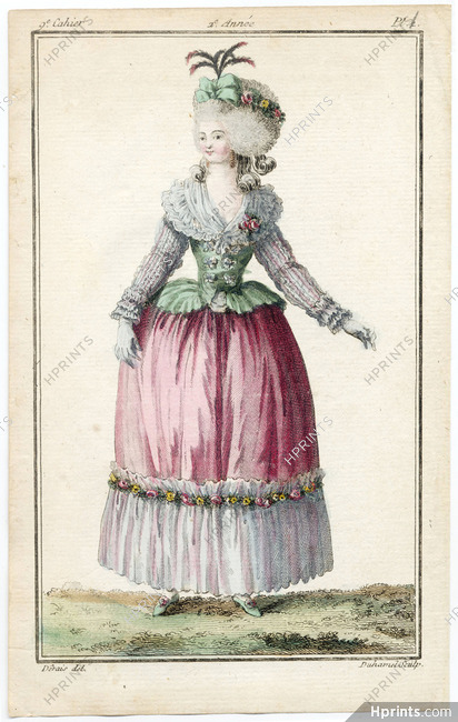 Magasin des Modes Nouvelles Françoises et Angloises 1787 cahier n°9, plate n°1, Desrais, Ball Gown