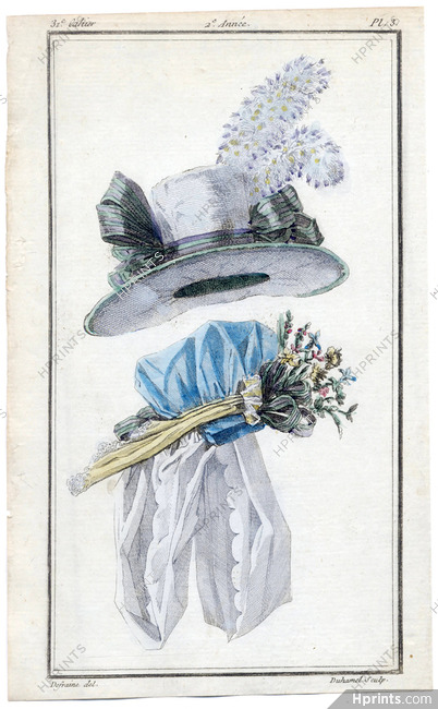 Magasin des Modes Nouvelles 1787 cahier n°31, plate n°3, Defraine, Hats