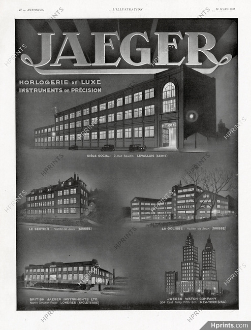 Jaeger 1932 Levallois, Usines Le Sentier, La Golisse, Londres, NewYork, Factories