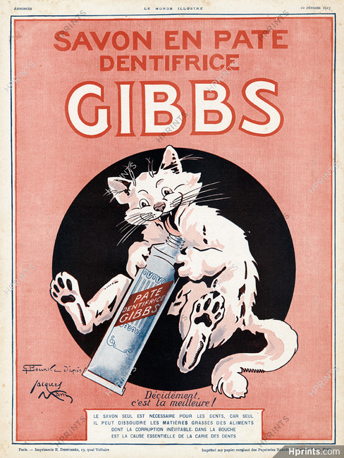 Gibbs (Pate Dentifrice) 1917 Cat, Poster Art, d'après Jacques Nam