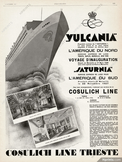 Cosulich Line Trieste (Ship Company) 1927 Vulcania, Ocean Liner