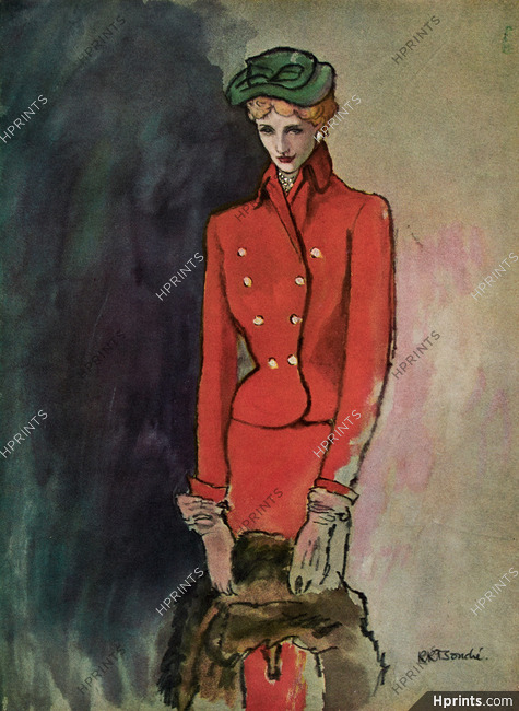 René Bouché 1948 Red Suit, Fashion Illustration
