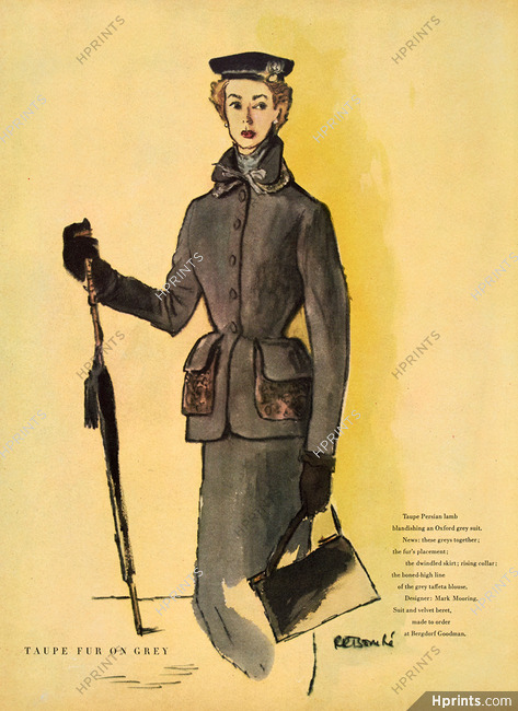 René Bouché 1948 Taupe Fur on Grey Suit, Mark Mooring