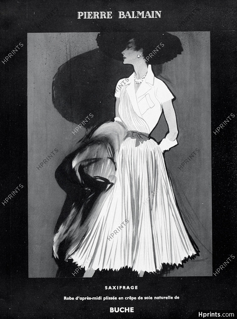 Pierre Balmain 1953 Silk Dress, René Gruau, Fashion Illustration