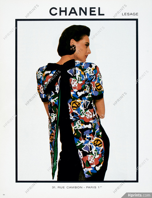 Chanel 1987 Tunique imprimée, ouverte dans le dos, noeud de satin noir, Lesage