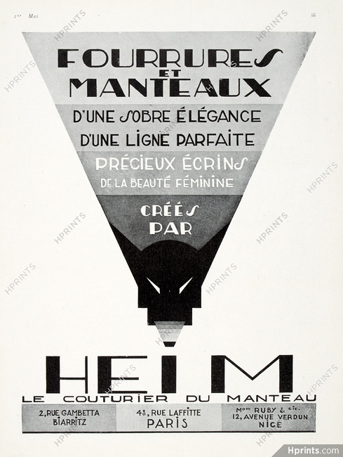 Jacques Heim 1927 Fourrures et manteaux, Art Deco