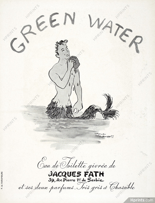 Jacques Fath (Perfumes) 1949 "Green Water" Maurice Van Moppès, Triton Merman