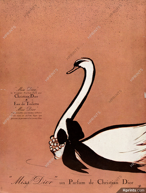 Christian Dior (Perfumes) 1951 Parfum Miss Dior, Swan, René Gruau (Swan)