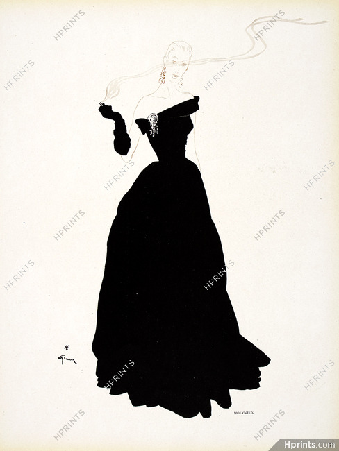 Molyneux 1946 Black Evening Gown, Strapless, René Gruau