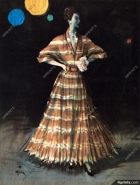 Christian Dior 1947 Robe à danser, Organza, Bianchini Férier, René Gruau