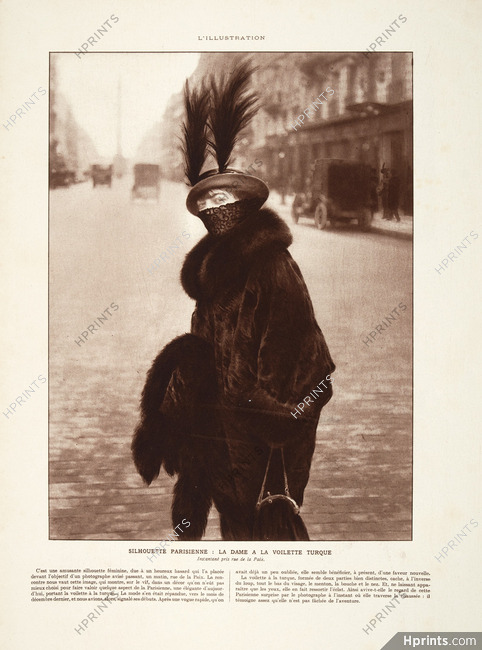 Silhouette Parisienne 1914 Dame à la Voilette Turque, Rue de la Paix, Elegant Parisienne