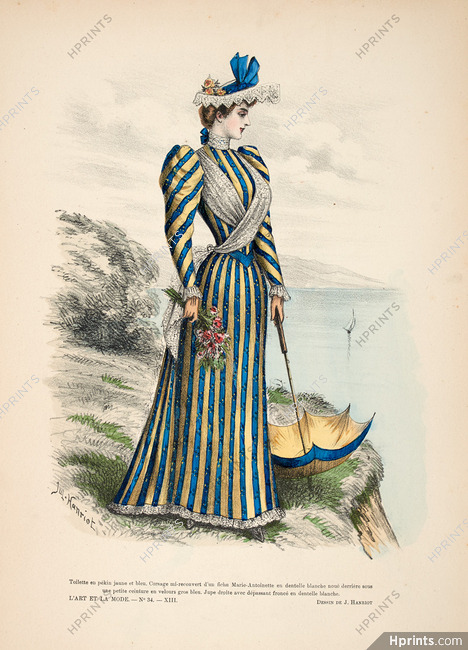 L'Art et la Mode 1892 Toilette en pékin jaune et bleu, Colored engraving