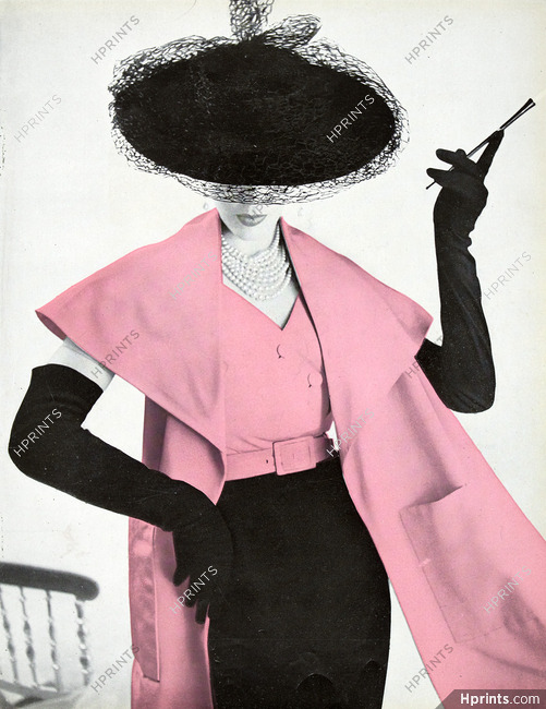 Robert Piguet 1951 Echarpe Trompe-l'oeil, Cigarette Holder, Hat Suzanne Talbot, Photo Russel