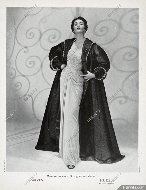 Carven 1951 White Evening Gown, black coat, Photo Seeberger