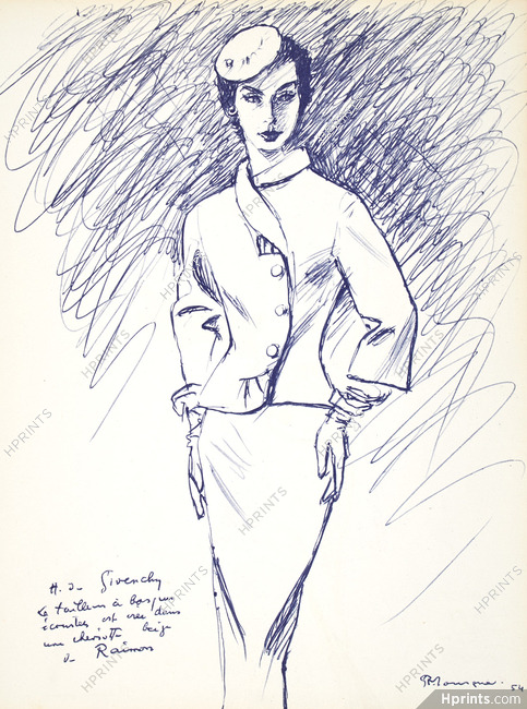 Givenchy 1954 Suit, Pierre Mourgue, Fashion Illustration