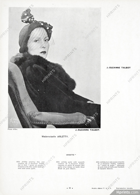 Suzanne Talbot (Millinery) 1934 Mlle Arletty, Photo Madame D'Ora