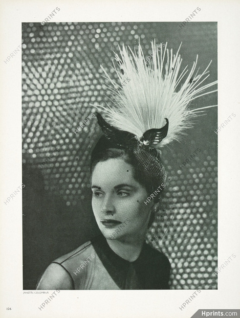 Janette Colombier 1946 Béguin noir, crosse de héron jaune, motif de jais, Feathers Hat, Photo Pottier