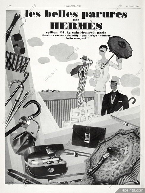 Hermès 1926 Les Belles Parures, Handbag, Parasol, Canes, Léon Benigni (L)