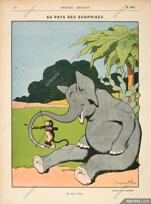 Benjamin Rabier 1910 Le Tir à l'Arc, Monkey, Elephant