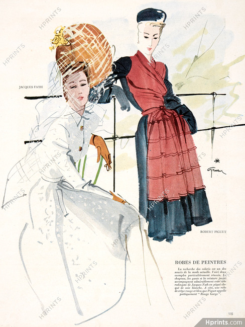 René Gruau 1945 Jacques Fath & Robert Piguet, Redingote-Dress