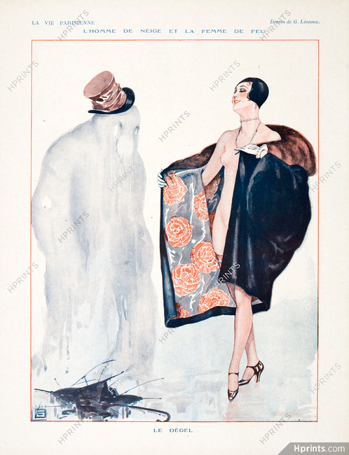 Léonnec 1928 L'Homme de Neige et la Femme de Feu, Sexy Looking Girl, Stockings, Snowman