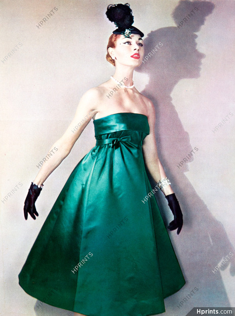 Givenchy 1956 Robe de dîner en Satin Vert, Strapless Dress, Scémama